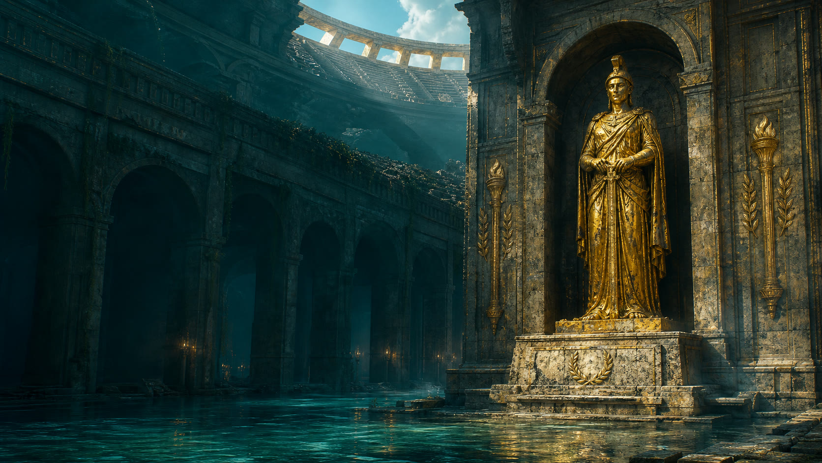 A weathered golden statue in an ancient hall beneath a stadium